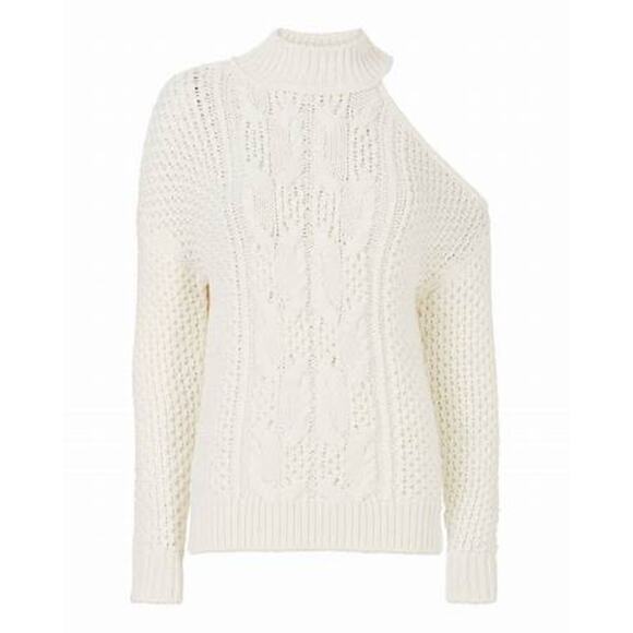 INTERMIX Britta Ivory Cold Shoulder Cableknit Wool Sweater Size Petite - Picture 3 of 9